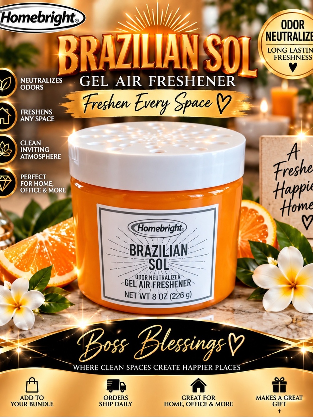Homebright Brazilian Sol Odor Neutralizer Gel Air Freshener 8 oz | NEW